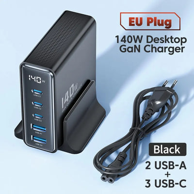GaN USB Charger 140W 5in1 Desktop with LED Display Ports - Smarsty