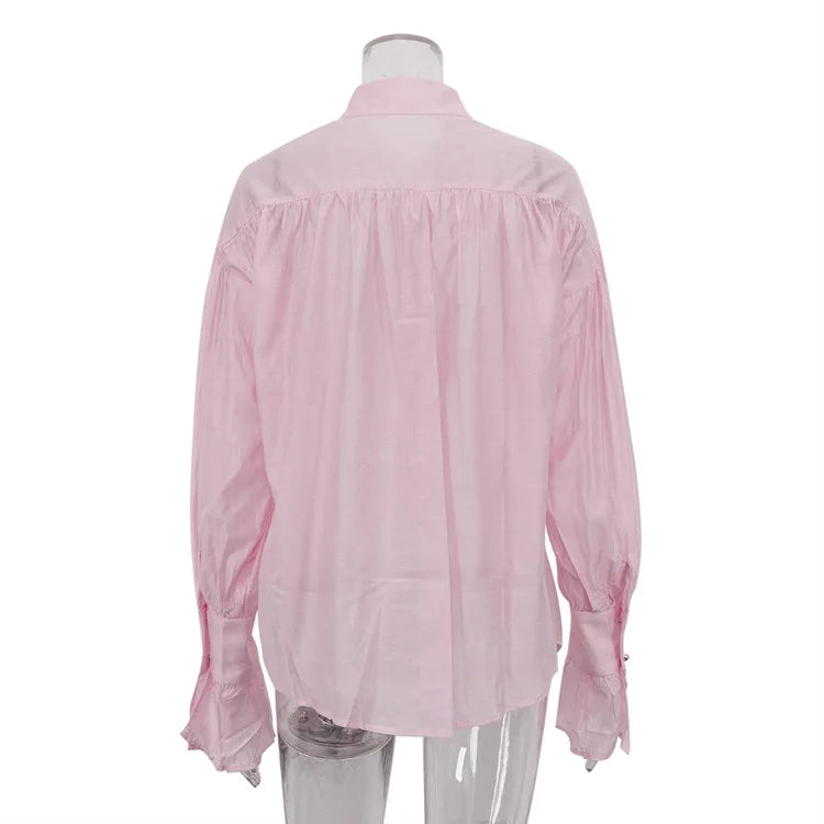 Tossy Casual Loose See-Through Shirts Women's Autumn Lapel Long Sleeve Patchwork Blouse Top Streetwear Female Solid Shirts Top - Smarsty