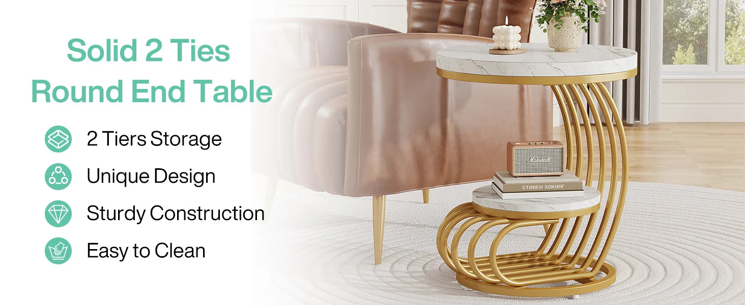 Tribesigns Gold Round End Table: 2 Tiers Faux Marble Side Table with Storage Shelf, Modern White Gold Bedside Nightstand