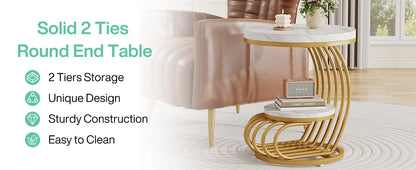 Tribesigns Gold Round End Table: 2 Tiers Faux Marble Side Table with Storage Shelf, Modern White Gold Bedside Nightstand