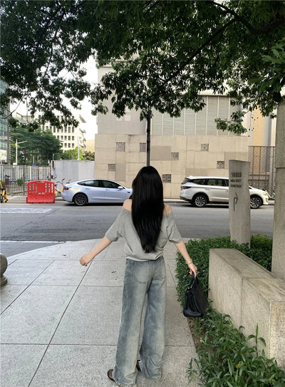 Sexy Pullovers Women Off Shoulder Cropped Knitted Basic Clothes Autumn All-match Side Slit Simple Tender Slim Gentle Seductive - Smarsty