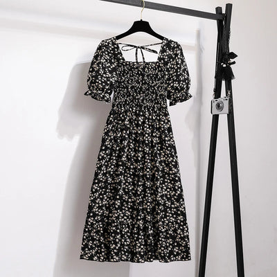 Spring Summer Chiffon Dresses Fashion Female Elastic Waist Short Sleeve Pleated Casual Dress Women A-line Dresses Vestidos - Smarsty