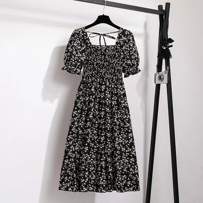 Spring Summer Chiffon Dresses Fashion Female Elastic Waist Short Sleeve Pleated Casual Dress Women A-line Dresses Vestidos - Smarsty