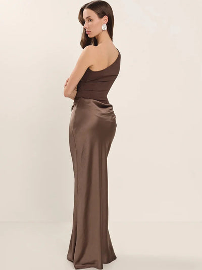 JULISSA MO Patchwork Satin Sexy One Shoulder Women Maxi Dress Brown Sleeveless Evening Dress Summer Slim Elegant Party Clubwear - Smarsty