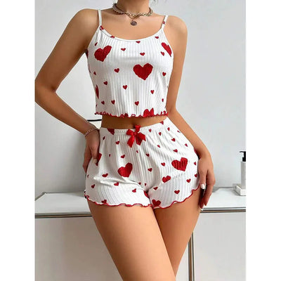 Women's Pajamas Set Sleepwear 2 PCS Short Tank Tops And Shorts S M L White Ventilate Soft Casual Love Printing - Smarsty