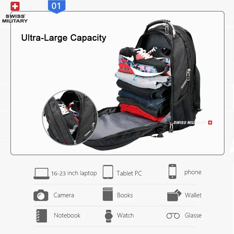 SWISS MILITARY Fashion Travel Multifunction Large Capacity Male Bag Usb Charging Waterproof 23 inch Laptop Backpack Men Mochila - Smarsty