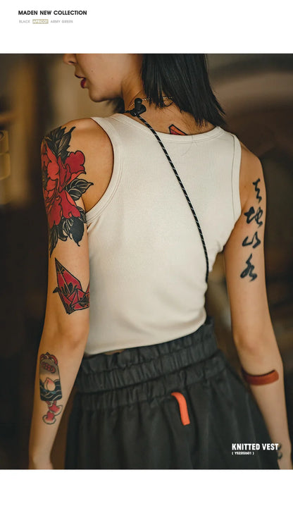 Maden Summer Sleeveless Knitted Tank Tops for Women Solid Color Casual Sports Vest Slim Fit Female Outer Wear Tops