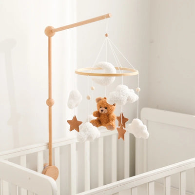 Wooden Crib Mobile Baby Bed Bell Rattle Toy Soft Felt Cartoon Bear Mobile Hanging Newborn Music Box Bed Bell Hanging Bracket Toy by Smarsty
