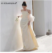 French Luxury White Satin Trailing Wedding Dresses for Bride 2025 Women Elegant Sexy Strapless Long Prom Party Dress vestidos - Smarsty