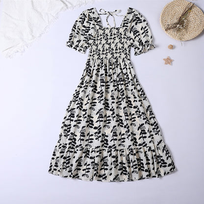 Summer Pleated Women Chiffon Dresses Casual Beach Holiday Short Sleeve Square Collar Woman Midi Dress Bohemian Mujer Vestidos - Smarsty