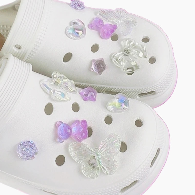 12PCS Fashion Shoe Charms Set Accessories Hole Shoe Buckle Transparent Butterfly Bear Crystal Heart DIY 3D Shoes Decorations