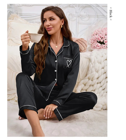 Autumn Satin Pajama for Women Heart-shaped Embroidery Sleepwear & Loungewear Long Sleeve Top & Pants Home Clothes Pyjama 2 Piece - Smarsty