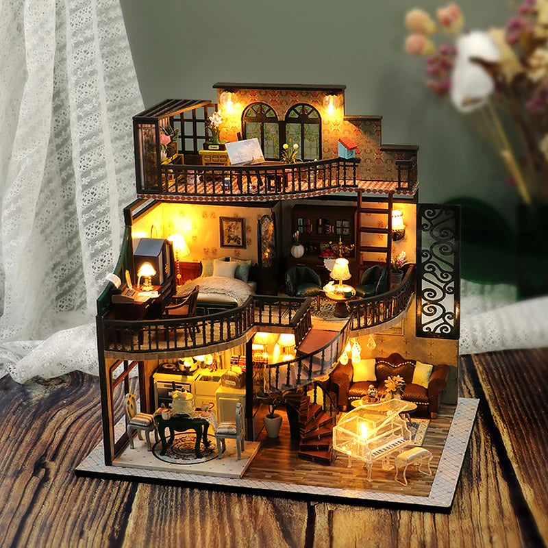 Wooden Doll House 3D Puzzle Assembly Building Model Kit Production Small Room Toys Home Bedroom Decoration With Furniture Light