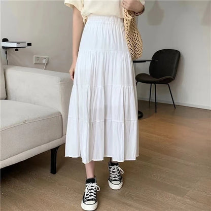 Spring Summer Women Skirts Vintage High Waist Elastic Patchwork White Black Chic Long Cake A-line Skirt - Smarsty