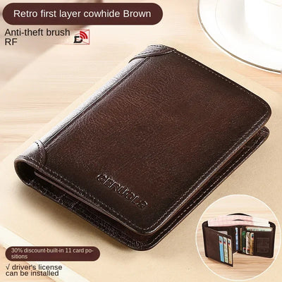 Men Wallet Genuine Leather Rfid Blocking Trifold Wallet Vintage Thin Short Multi Function ID Credit Card Holder Male Purse Money - Smarsty