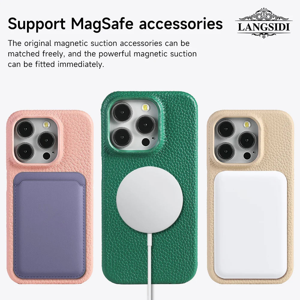 MagSafe Leather Case Natural Cowhide Lychee Finish Premium for iPhone 15, 16, 17 - Smarsty