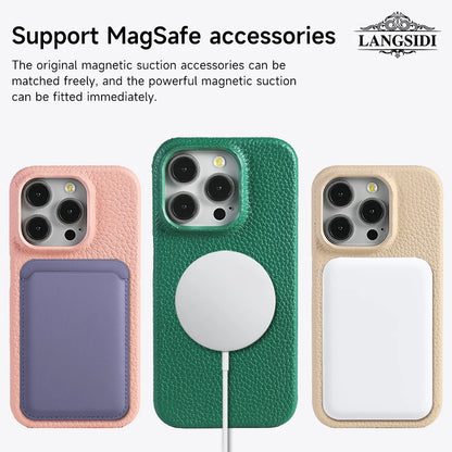 MagSafe Leather Case Natural Cowhide Lychee Finish Premium for iPhone 15, 16, 17 - Smarsty