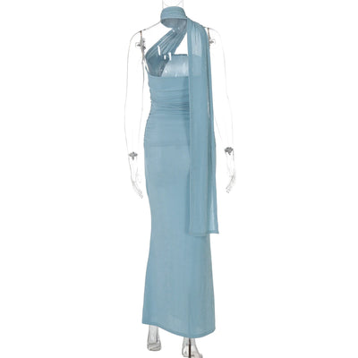 Hugcitar Halter Solid Sleeveless Backless Ruched Sexy Bodycon Maxi Prom Dress Summer Women Elegant Outfit Evening Party Birthday - Smarsty