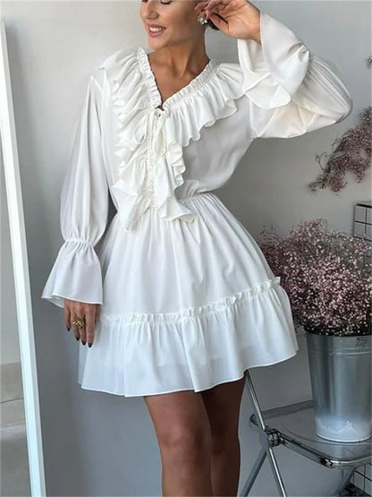 Tossy Ruffled V-Neck White Mini Dress Female Patchwork Long Sleeve Elegant Bandage Fashion Dress High Waist Lace-Up Women Dress - Smarsty