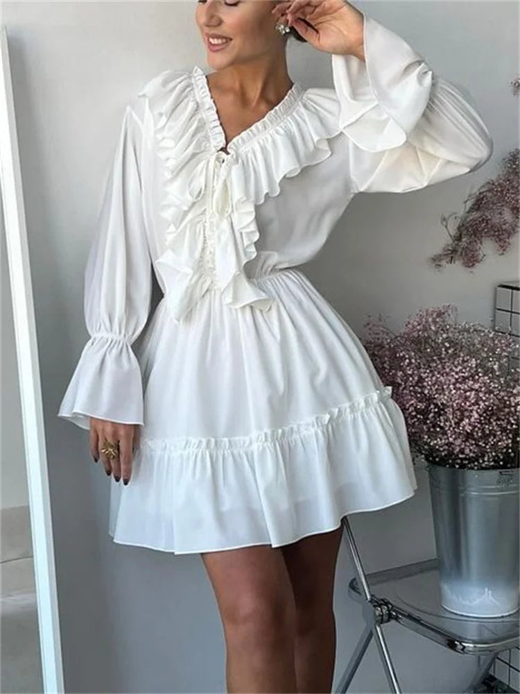 Tossy Ruffled V-Neck White Mini Dress Female Patchwork Long Sleeve Elegant Bandage Fashion Dress High Waist Lace-Up Women Dress - Smarsty