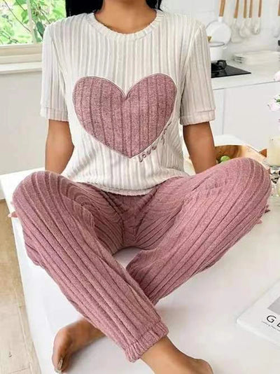 Women's new style pajamas set heart pattern short sleeve shirt trousers two-piece simple and lovely casual home wear - Smarsty
