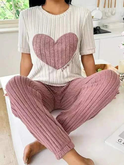 Women's new style pajamas set heart pattern short sleeve shirt trousers two-piece simple and lovely casual home wear - Smarsty