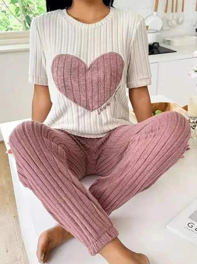 Women's new style pajamas set heart pattern short sleeve shirt trousers two-piece simple and lovely casual home wear - Smarsty