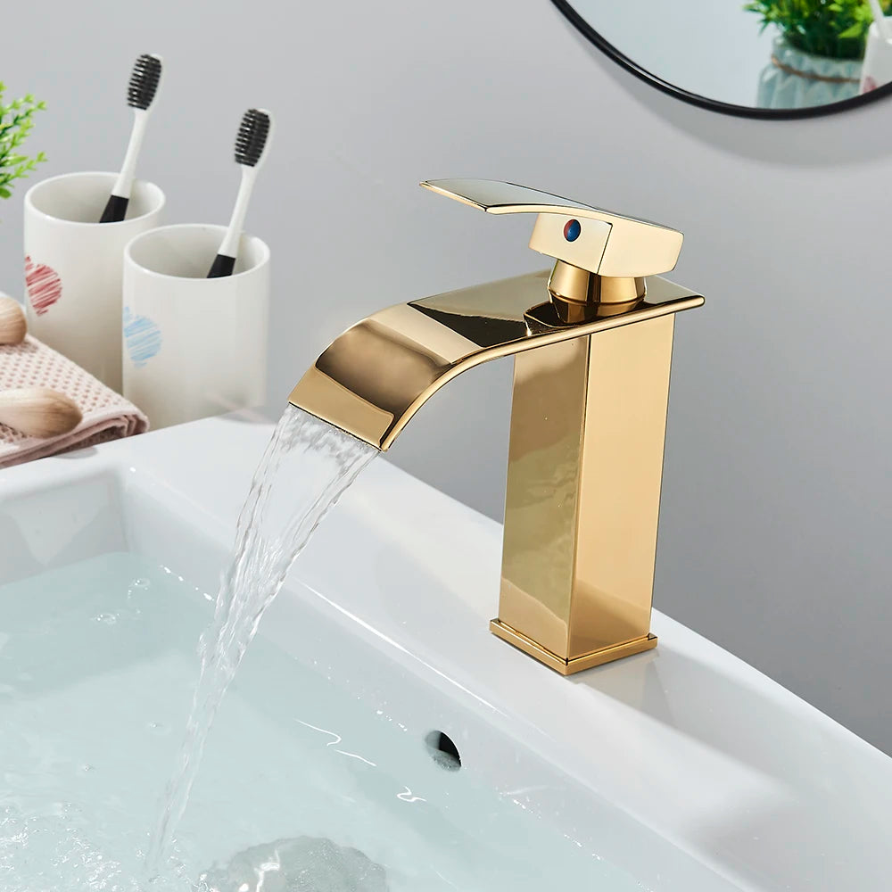 Brushed Gold Waterfall Bathroom Sink Faucet Mixer - Smarsty