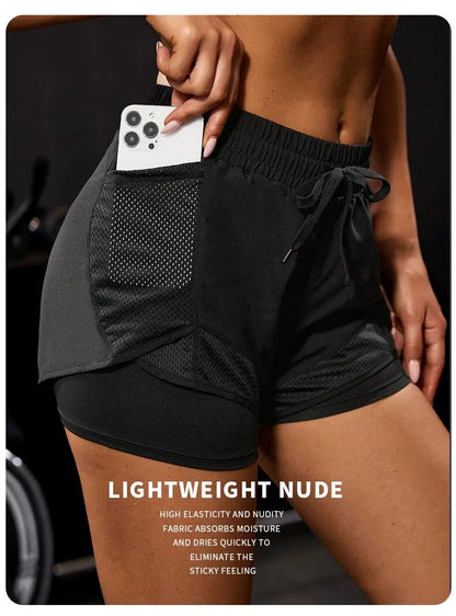 Women's Elastic Sports Shorts, Shorts With Pockets, Fake Two-Piece Yoga Leggings Running And Training - Smarsty