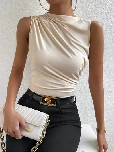 Fashion Casual Mock Neck Ruched Tank Top for Women Summer 2024 Solid Color Pleated Sleeveless Tee Shirt Tshirt Streetwear Y2K - Smarsty