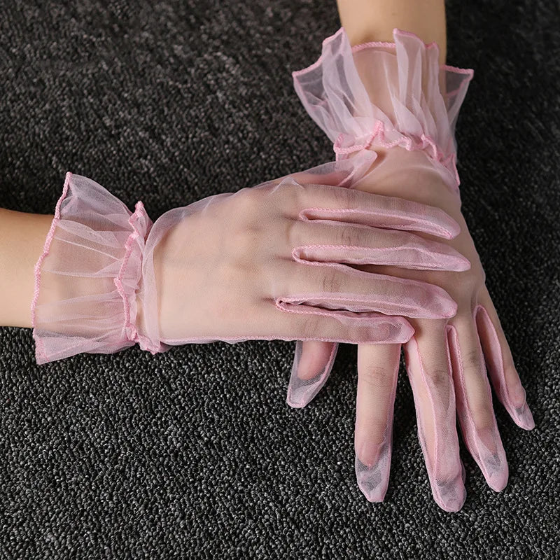 Women Lace Tulle Gloves Stretchy Full Finger Wedding Gloves - Smarsty