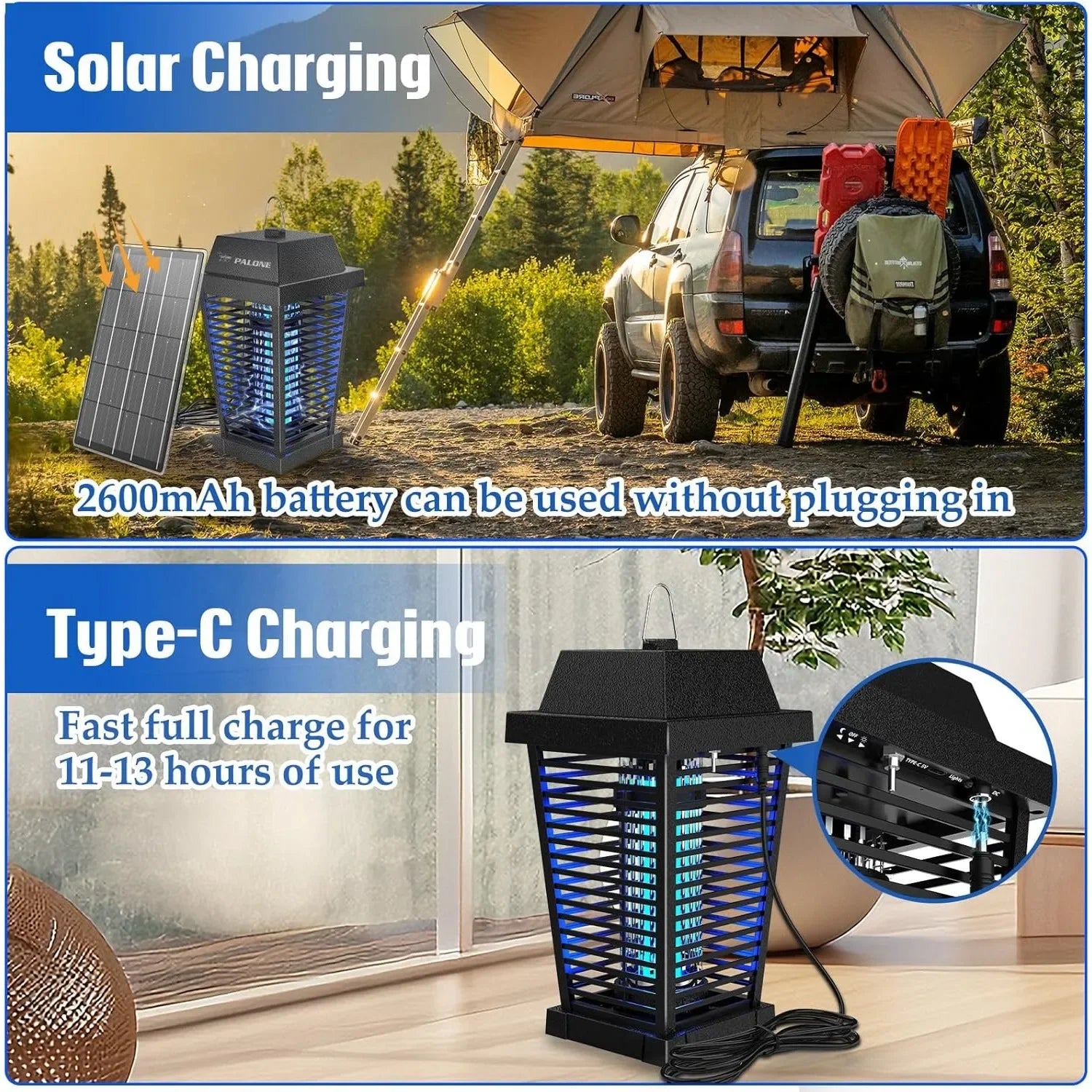 Solar Bug Zapper 4500V Electric Mosquito Zapper Outdoor,USB-C and Solar Panel Dual Charging Electric Zapper Racket with UV Light