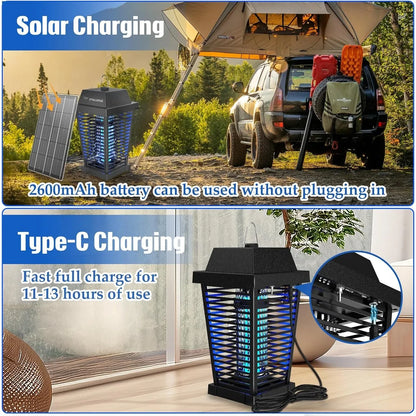Solar Bug Zapper 4500V Electric Mosquito Zapper Outdoor,USB-C and Solar Panel Dual Charging Electric Zapper Racket with UV Light