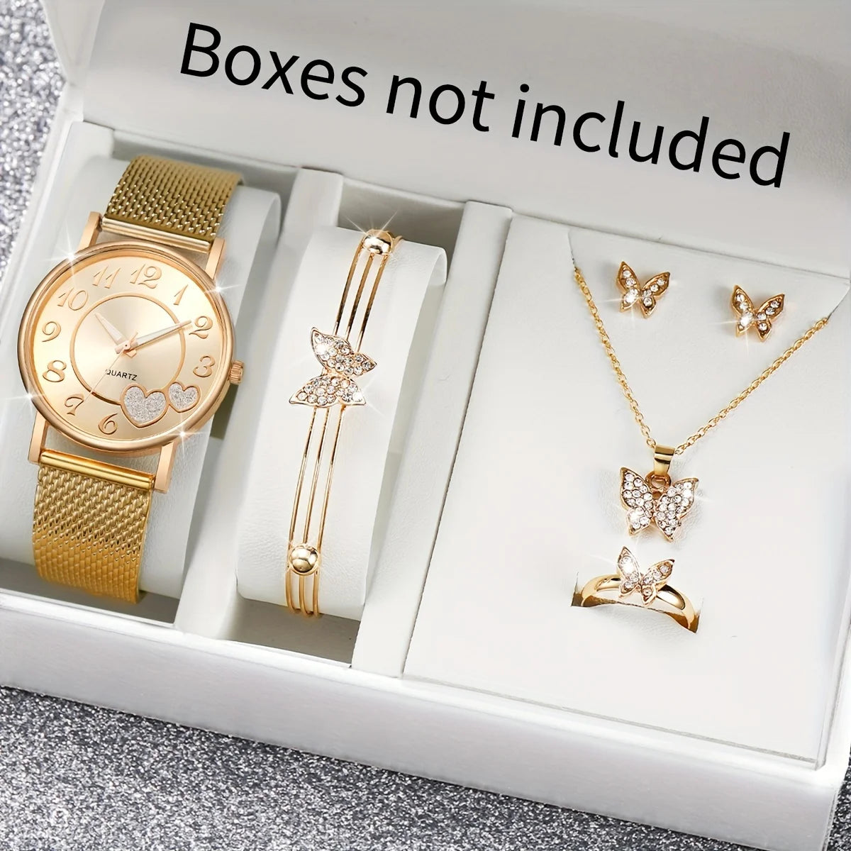 Fashion Heart Women's Quartz Watch Set with Butterfly Jewelry - Smarsty
