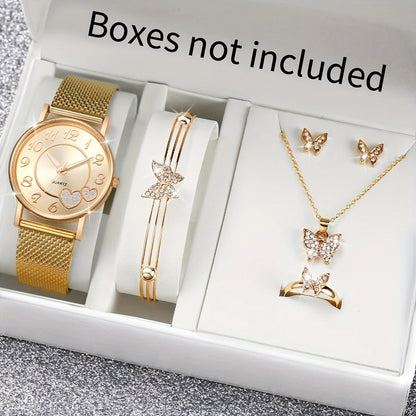 Fashion Heart Women's Quartz Watch Set with Butterfly Jewelry - Smarsty