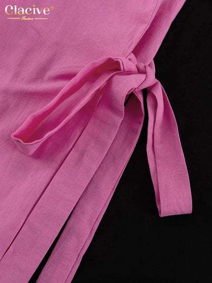 Clacive Casual Loose Pink Cotton Dress Ladies Fashion Lapel Long Sleeve Ankle Length Dress Elegant Lace-Up Dresses For Women - Smarsty