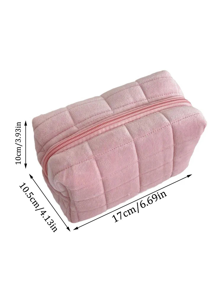 Cute Plush Makeup Bag for Women Portable Travel Small Cosmetic Bags Solid Color Zipper Toiletry Bag Washing Pouch Storage Bags - Smarsty