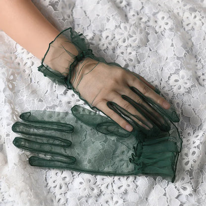 Women Lace Tulle Gloves Stretchy Full Finger Wedding Gloves - Smarsty