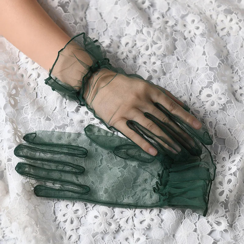 Women Lace Tulle Gloves Stretchy Full Finger Wedding Gloves - Smarsty