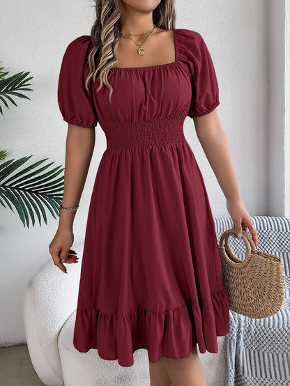 Women's MIidi Dresses 2024 Summer Casual Square Neck Short Sleeved Waist Ruffle Edge Dress Dress Women Elegant Платья Женские - Smarsty
