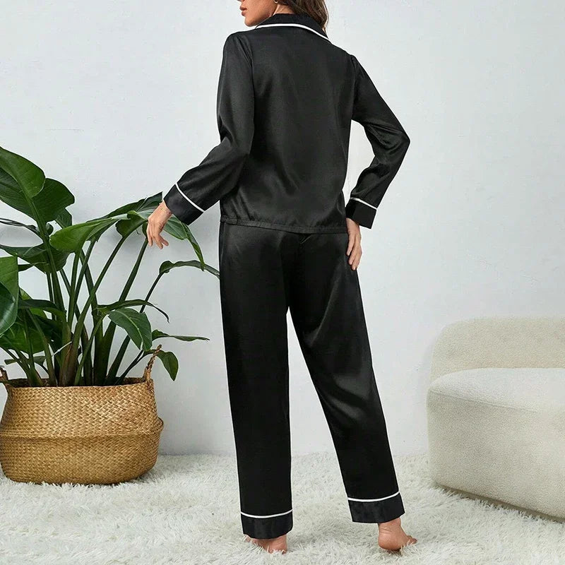 Plus Size Autumn and Winter Silk Pajamas Women Tops and Pants Solid Casual Soft Nightwear Buttons Cardigan Sleepwear Homewear - Smarsty