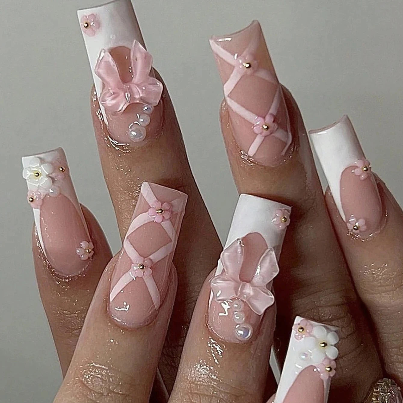 24pcs Summer Pink White Bow Design Fake Nails - Smarsty