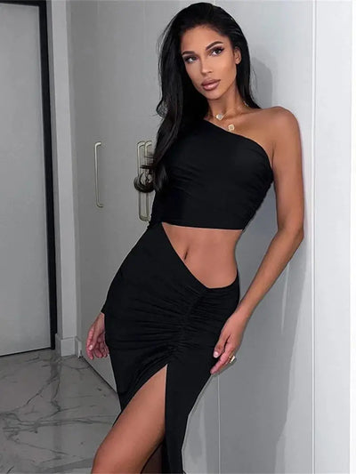 CNYISHE One Shoulder Cut Out Split Ruched Maxi Dress for Women Elegant Party Prom Gown Dresses Woman Sexy Birthday Outfits Robes - Smarsty