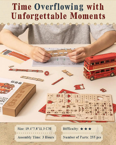 Robotime rolife London Tour Bus 3D Wooden Puzzles Wood Model Toy Car to Build Crafts Collectibles Gifts for Boys Girls - Smarsty