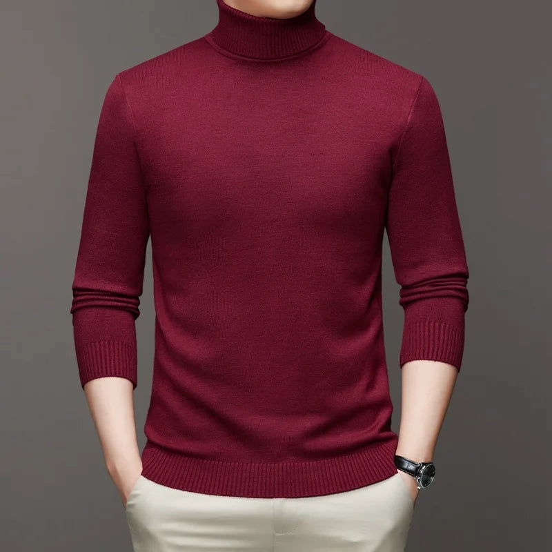 Autumn Mens High Quality Knitted Turtleneck Sweater Slim Fit Long Sleeve Anti-pilling Pullover Solid Color Trend Men Streetwea - Smarsty