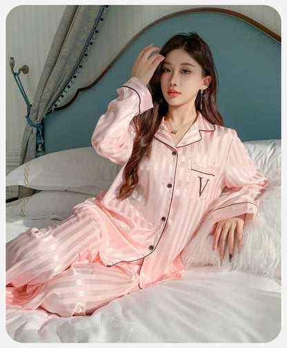 Women's Ice Silk Pajama Set Long Sleeve Long Pants Lightweight Sleepwear for Spring And Autumn Comfortable Homewear Pj Set - Smarsty