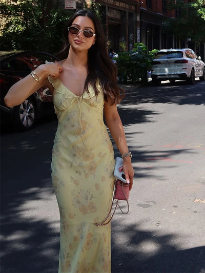 Cryptographic Summer Floral Print Plunge Maxi Dress Outfits Sexy Backless Fairy Sun Dresses Vacation Beachwear Vestido Coquette - Smarsty
