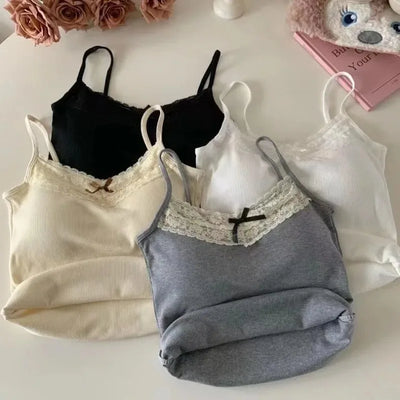 New Knitted Crop Top For Women Solid Color Lace Sling Tops Knitwear Tank Top Female Sexy Slim Camisole Sweet Short Beau Back Top - Smarsty