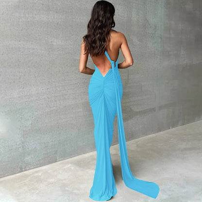Hugcitar One Shoulder Backless Adjustable Scarf Loop Ruched Sexy Maxi Dress Women Elegant Y2K Streetwear Festival Outfit - Smarsty