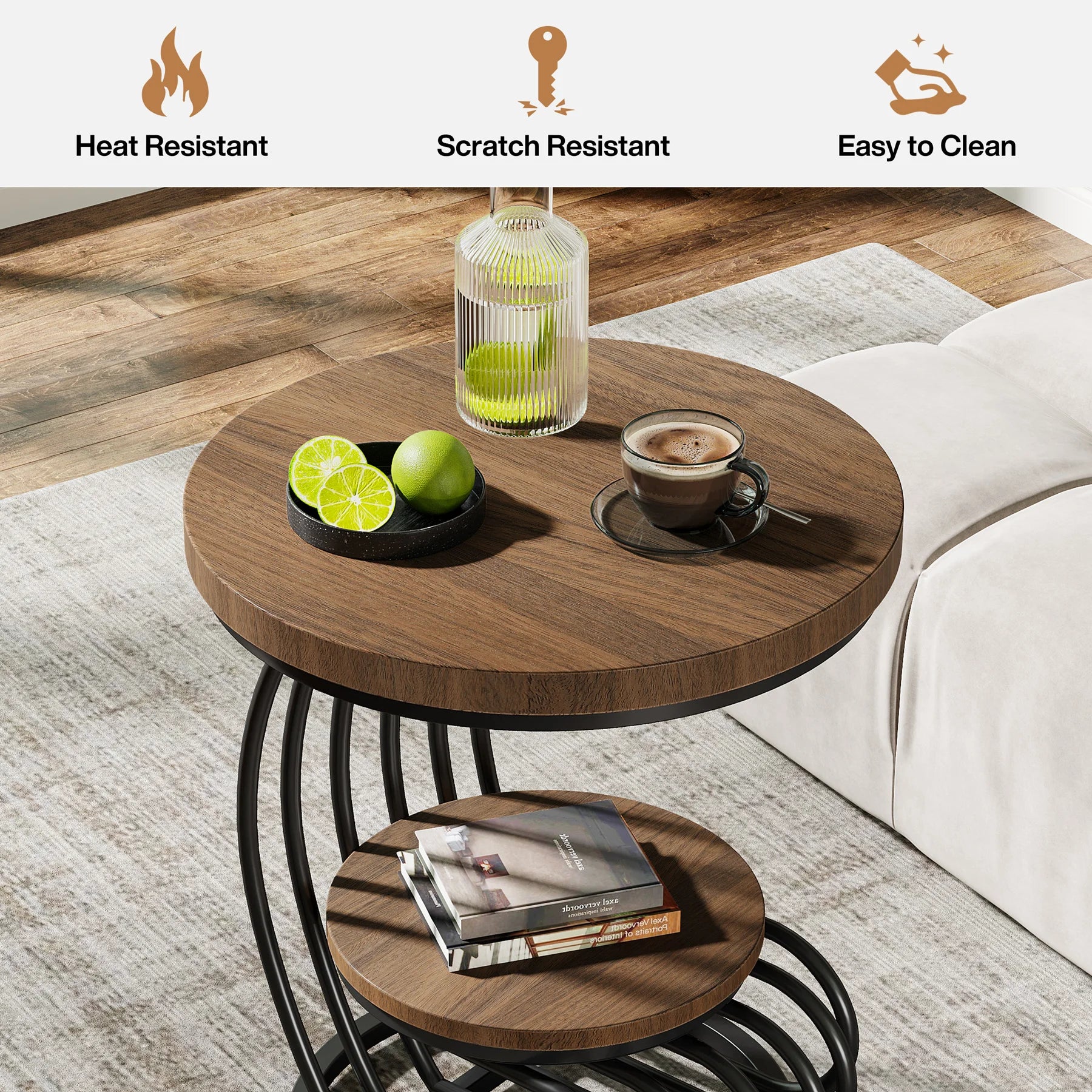 Tribesigns Gold Round End Table: 2 Tiers Faux Marble Side Table with Storage Shelf, Modern White Gold Bedside Nightstand